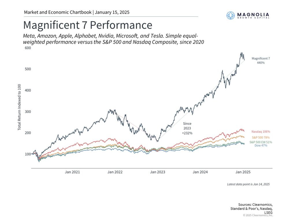 Contribution of Magnificent 7 - companies competing in the AI space and their contribution to S&P 500